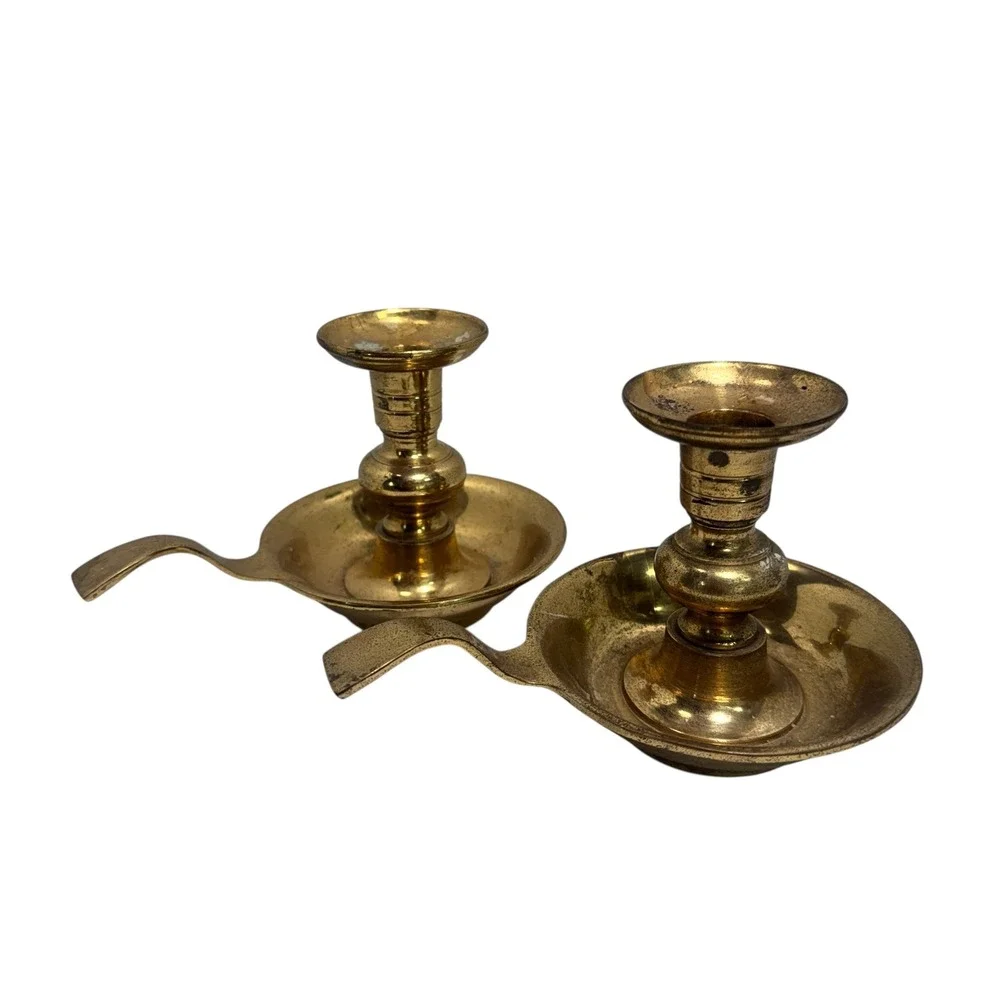 Brass Chamberstick Taper Candle Holders with Finger Loops Set of 2 vintage